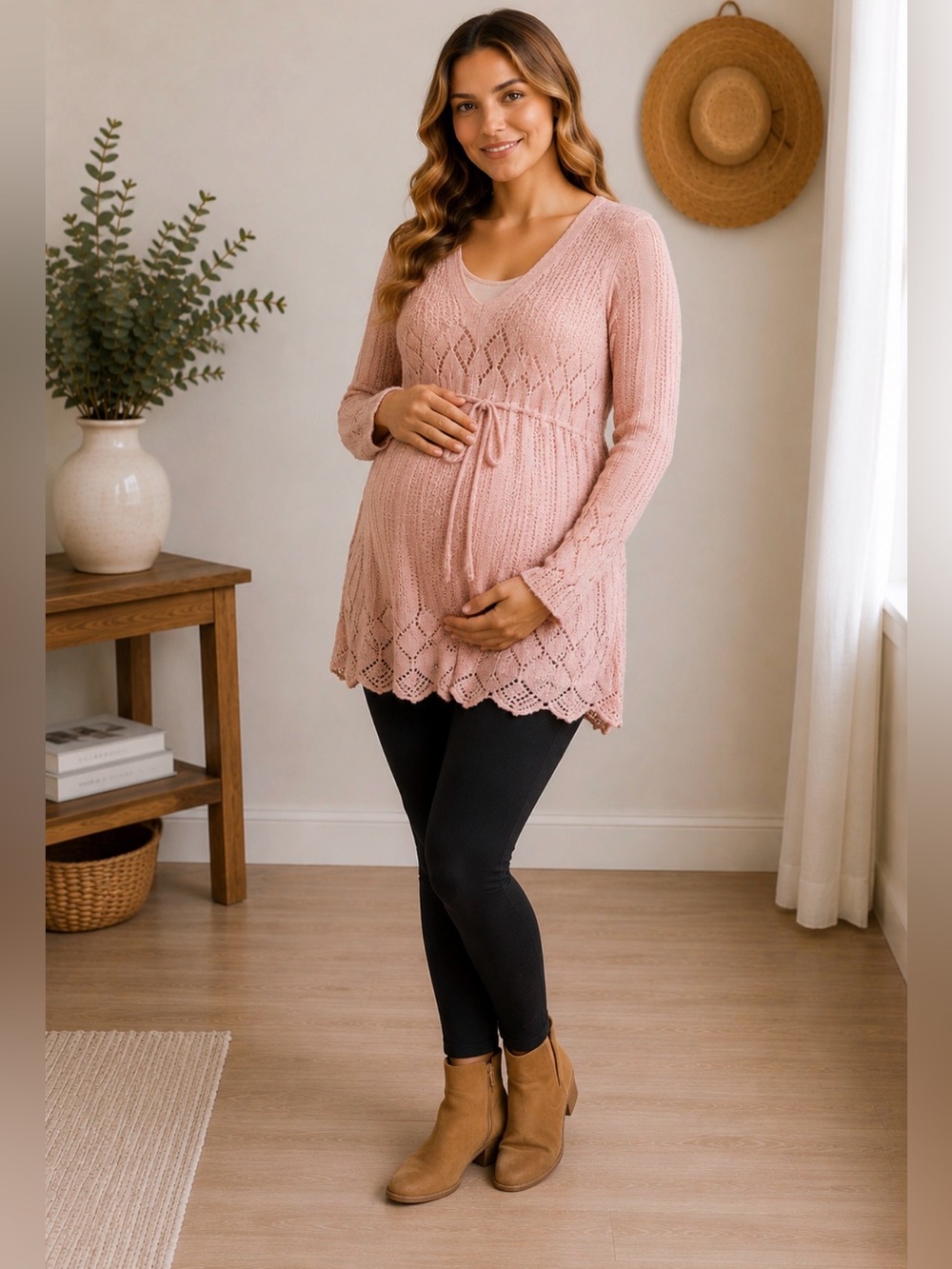 Pink knit maternity sweater L lace hem tie waist boho romantic cottagecore